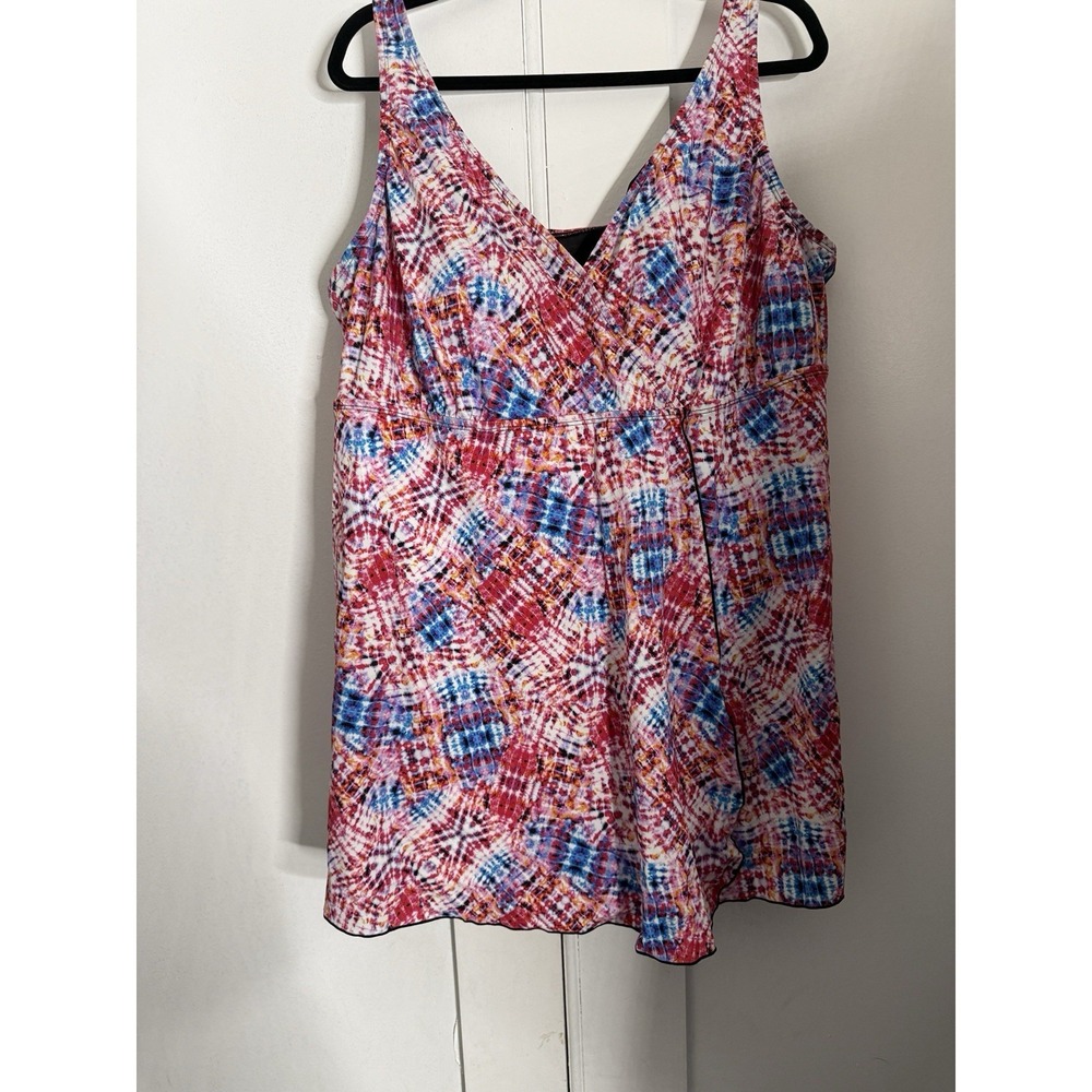 SwimsuitsForAll Tie Dye Swimdress Plus Size 26 Red White Blue  Multicolor